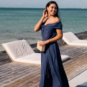 Gal Meets Glam Navy off the Shoulder Maxi